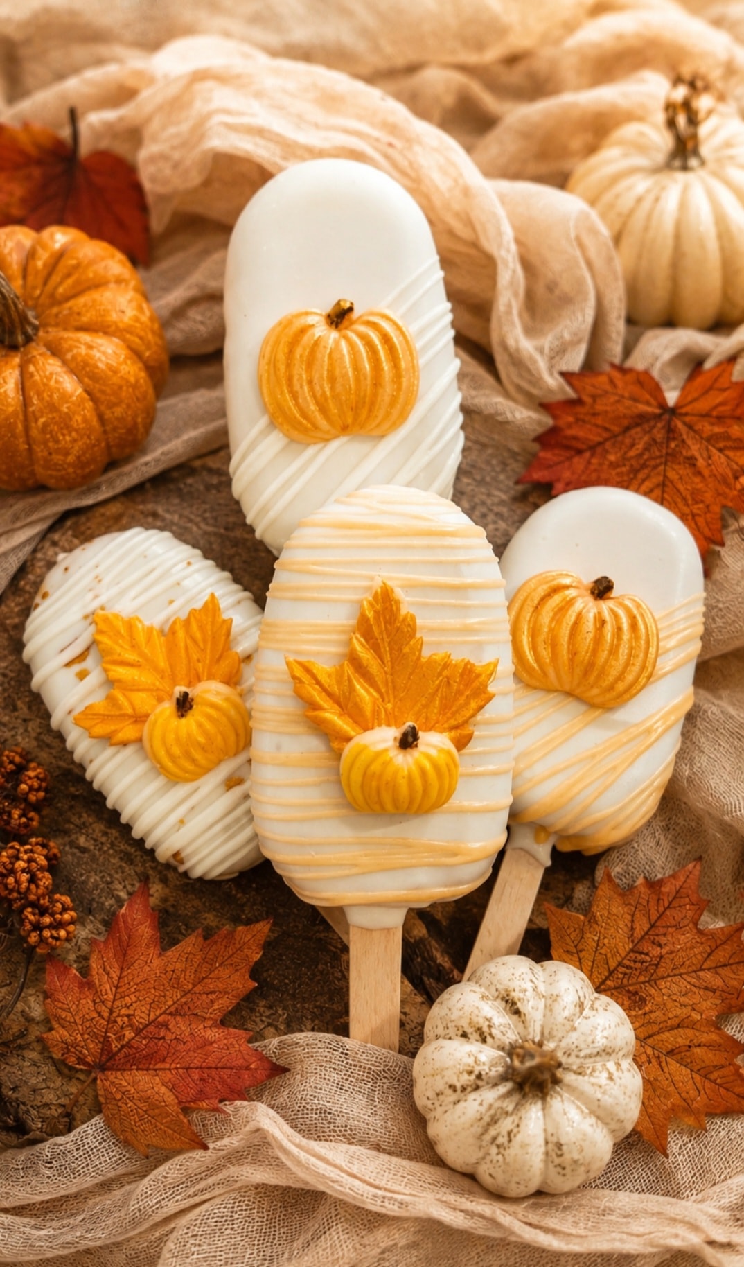 Fall autumn cakesicles with pumpkin and leaf decorations
