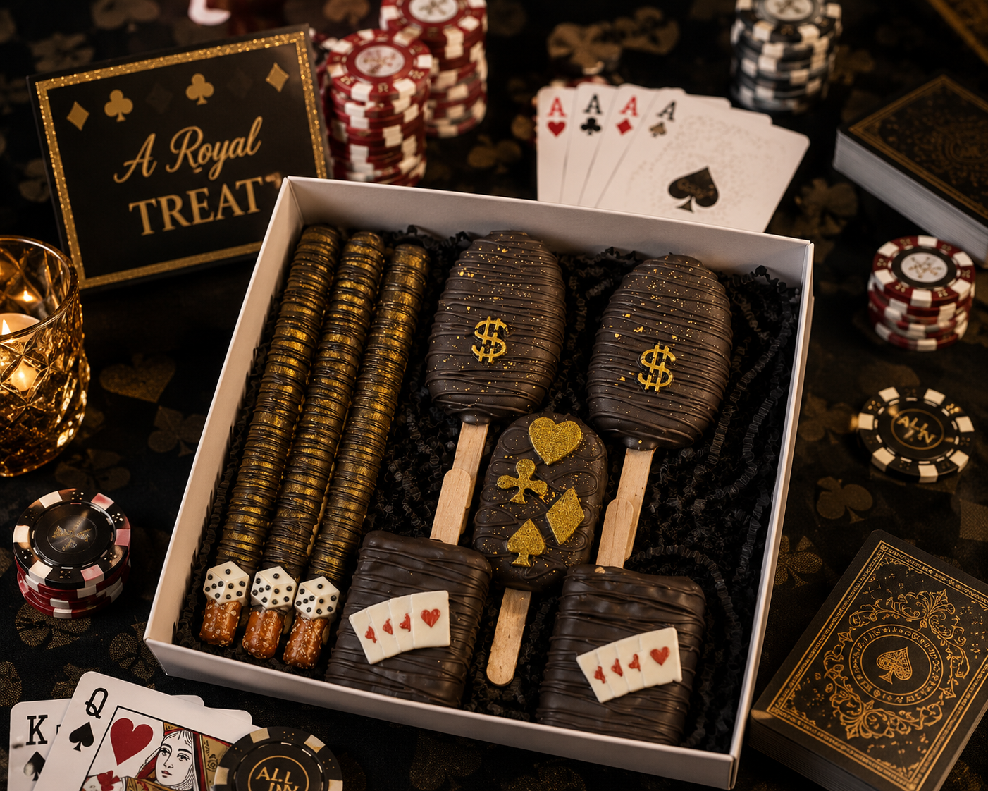Casino poker themed gift box with dark chocolate cakesicles and pretzel rods