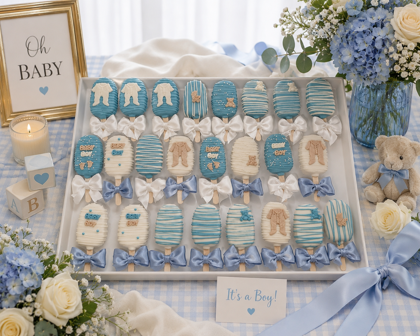 Baby boy shower cake pops in blue and white